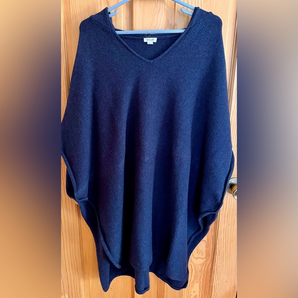 Pure Jill Navy Blue Hooded V-Neck Poncho Sweater Oversized Boho Lagenlook M/L
